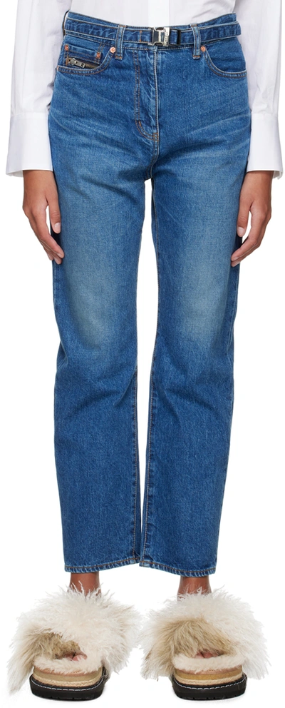 Sacai Belted Washed Cropped Straight Jeans In Blue