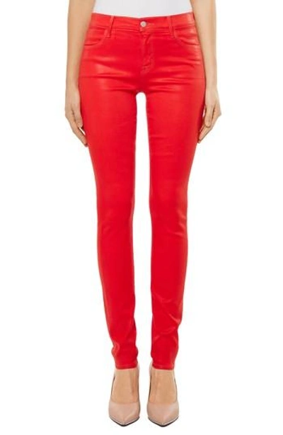 J Brand Super Skinny Jeans In Bright Coral Coated