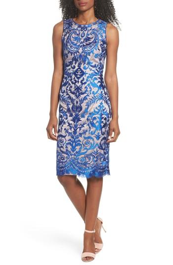 vince camuto embroidered mesh sheath dress