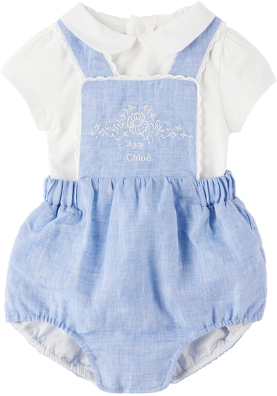 Chloé Logo-embroidered T-shirt Overalls Set In Blue