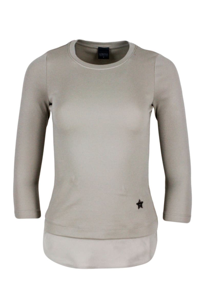 Lorena Antoniazzi Ribbed Crew-neck Short-sleeved Cotton T-shirt With Swarosky Star And Silk Insert On The Bottom In Beige