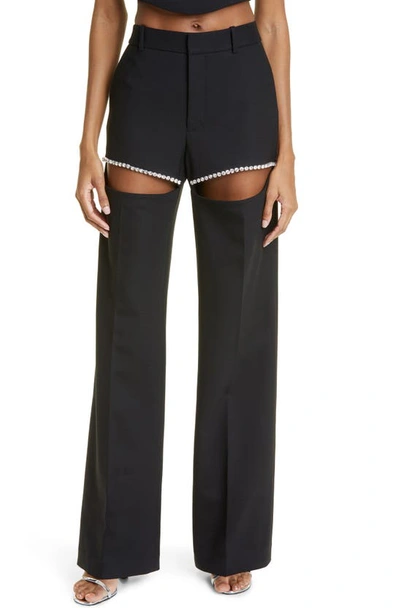 Area Crystal Embellished Cutout Straight Leg Stretch Wool Crepe Pants In Black