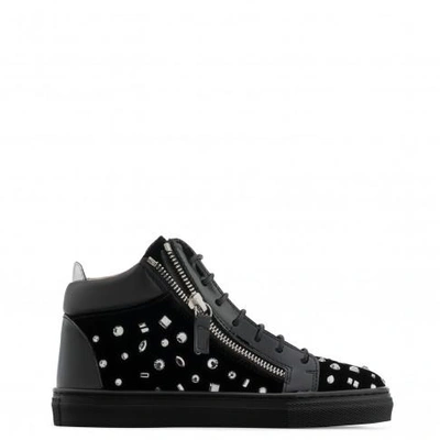 Giuseppe Zanotti - Black Velvet Mid-top Sneaker With Crystals The Dazzling Junior