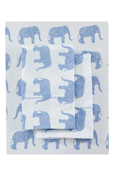 Melange Pink Elephant Print 400 Tc Cotton 3-piece Sheet Set In Light Blue