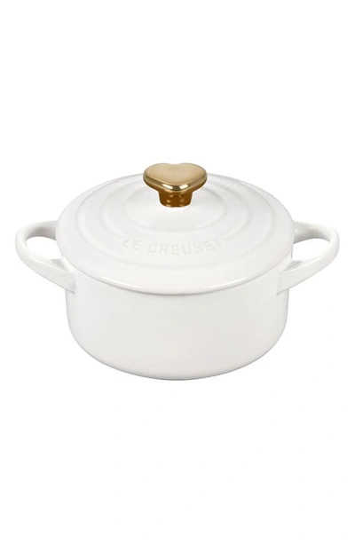 Le Creuset Mini Round Stoneware Cocotte In White W/ Gold Heart Knob