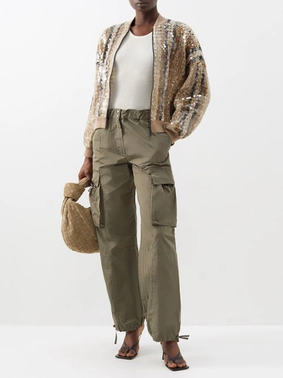 Brunello Cucinelli Bohemian Striped Knit Bomber Jacket With Glamour Paillette Details In Beige