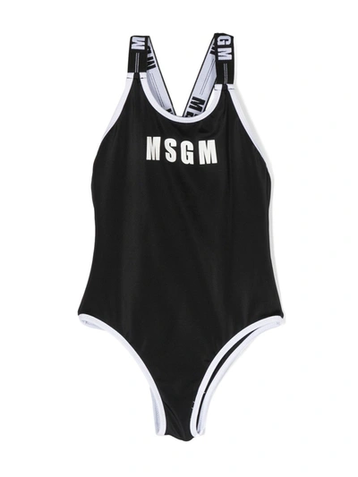 Msgm Kids' Logo Print One Piece Swimsuit In Black