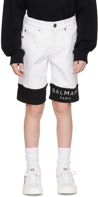 Balmain Kids' Logo-print Denim Shorts In 100ne Wht/blk