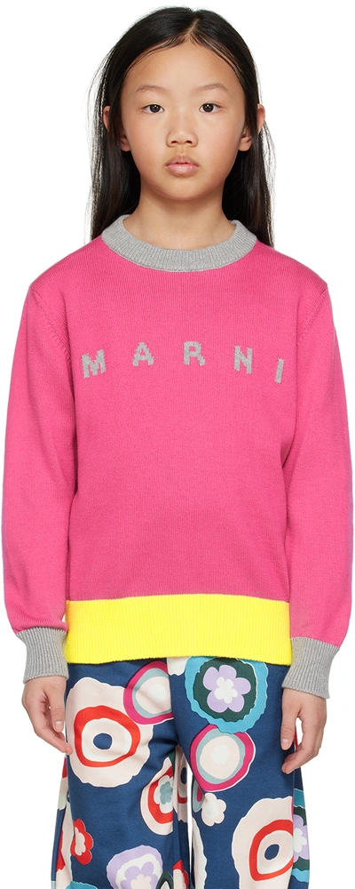 Marni Kids' Mk11u Knitwear  Fuchsia Crew-neck Sweater With Jacquard Logo In Pink