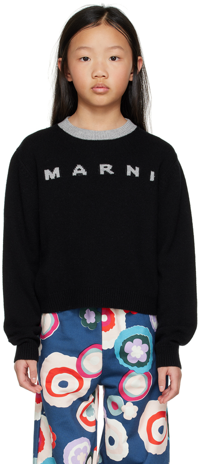 Marni Kids' Mk107f Knitwear  Black Sweater In Wool-cashmere Blend With Jacquard Logo And Ribbed Edges In 0m900
