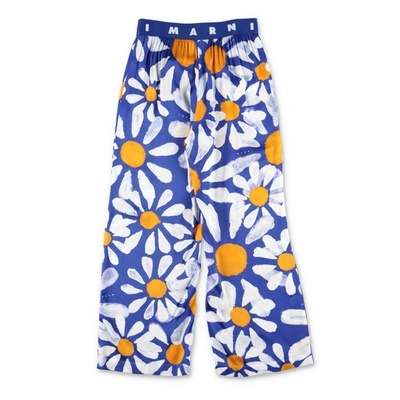 Marni Kids' Mp111f Trousers  Blue Viscose Trousers With Floral Print Euphoria