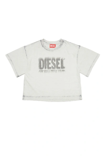Diesel Kids' Toilfy T-shirt  White Cropped Cotton T-shirt With Faded Effect Logo In Grey
