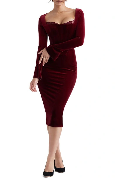 House Of Cb Lace Trim Long Sleeve Velvet Midi Dress In Wine