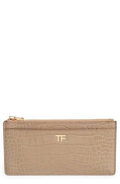 Tom Ford Croc Embossed Patent Leather Wallet In Taupe