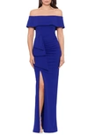 Xscape Off The Shoulder Crepe Evening Gown In Marine