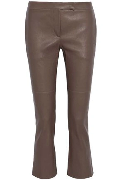 Brunello Cucinelli Cropped Leather Flared Pants In Dark Brown