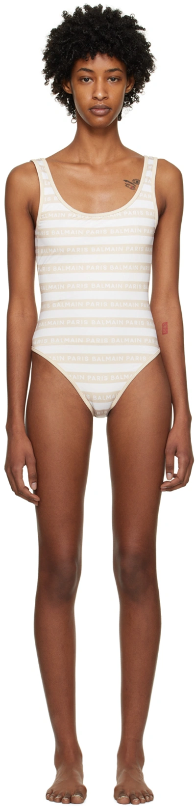 Balmain Iconic Stripes Olimpionic One-piece Swimsuit In White,nude