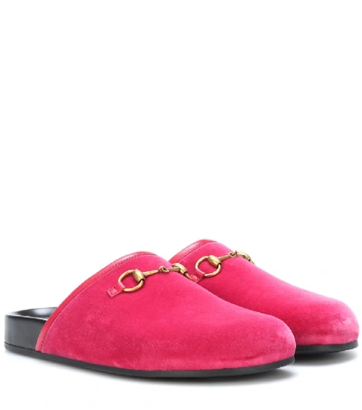 Gucci Velvet Horsebit Slippers In Pink