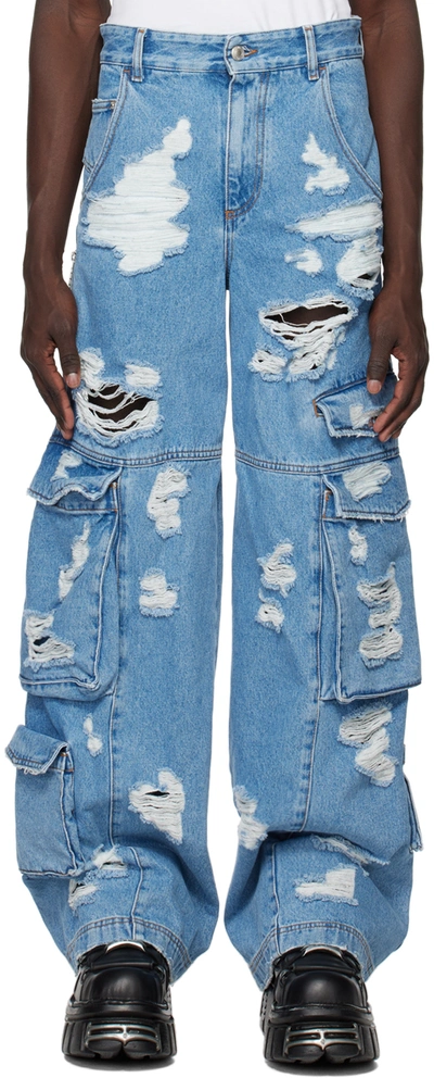 Gcds Ripped Ultrawide Denim Cargo Pants In Blue