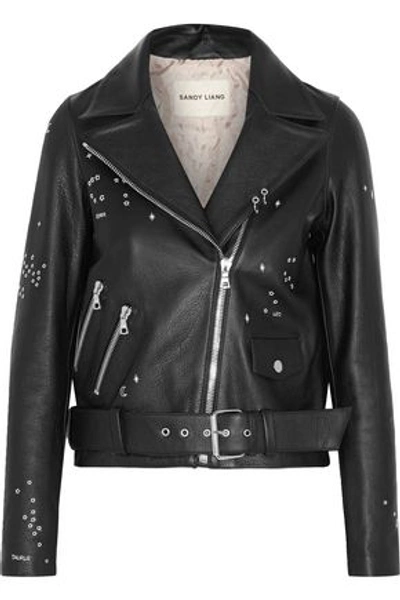 Sandy Liang Woman Astro Delancey Embroidered Textured-leather Biker Jacket Black