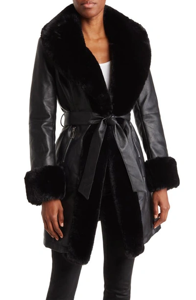 Azalea Wang Faux Leather & Faux Fur Belted Short Trench Coat In Black