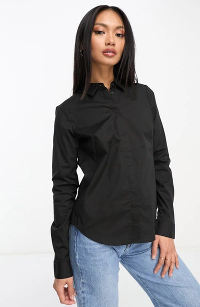 Asos Design Long Sleeve Fitted Shirt In Stretch Cotton In Black