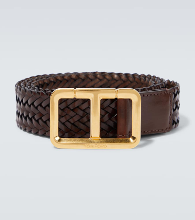 Tom Ford Interwoven Leather Belt In Chestnut