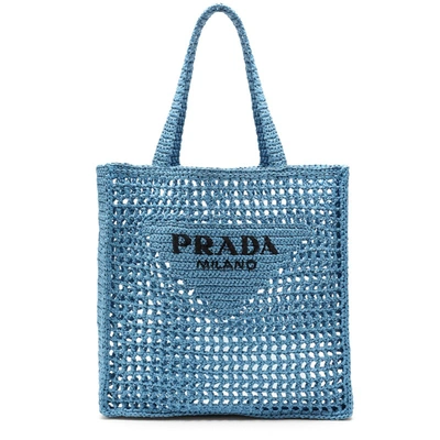 Prada Light Blue Logoed Crochet Tote Bag