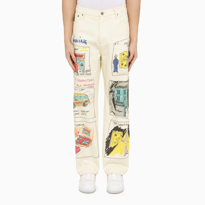 Kidsuper Studio Ivory Trousers With Screenplay Prints In Beige