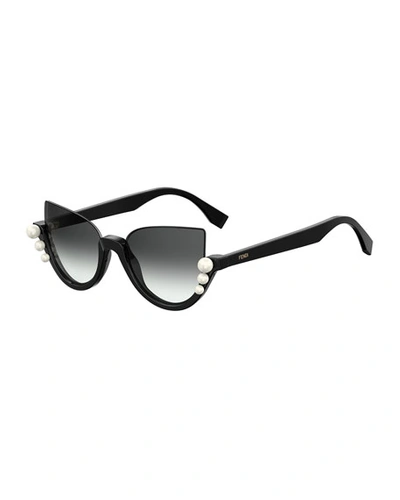 Fendi Blink Half-rim Pearl Cat-eye Sunglasses In Black