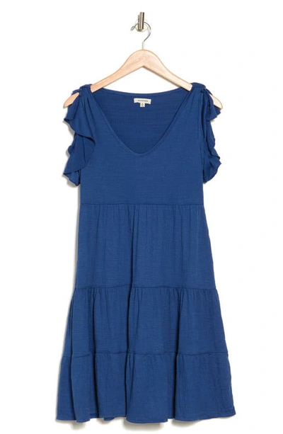 Max Studio Ruffle Cap Sleeve Tiered Jersey Babydoll Dress In Blue