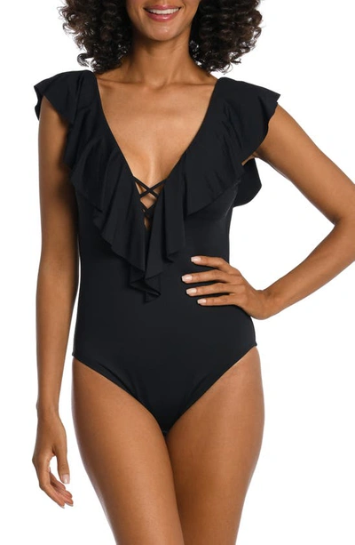 La Blanca Ruffle Plunge One-piece Swimsuit In Black