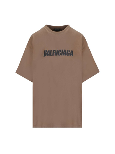 Balenciaga Logo Printed Crewneck T In Beige