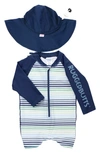 Ruggedbutts Babies' Coastal Stripe One-piece Rashguard Swimsuit & Hat Set In Blue