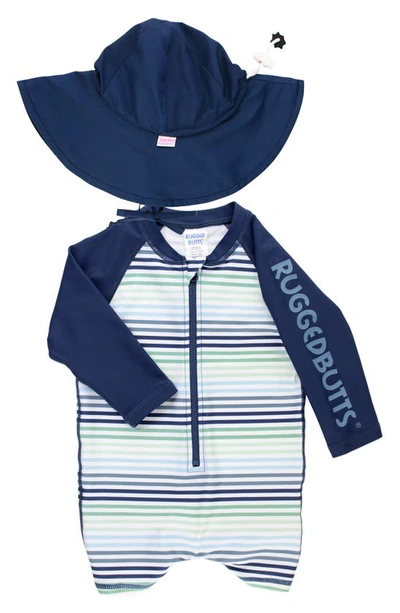 Ruggedbutts Coastal Stripe One-piece Rashguard Swimsuit & Hat Set In Blue