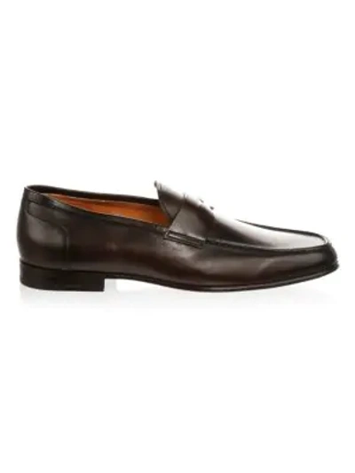 Santoni Denver Leather Penny Loafers In Dark Brown