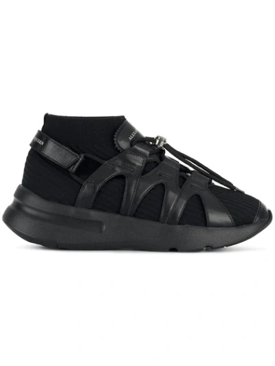 Alexander Mcqueen Exaggerated-sole Leather-trimmed Stretch-knit Sneakers In Black