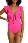 La Blanca Ruffle Plunge One-piece Swimsuit In Pop Pink