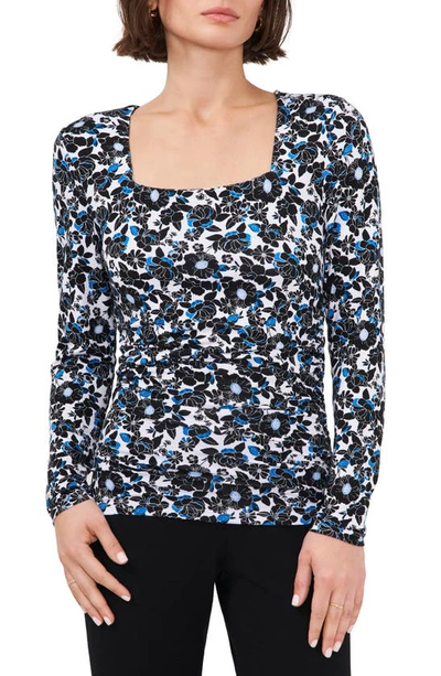 Halogen Floral Ruched Square Neck Top In Midnight Bloom/ Ivory