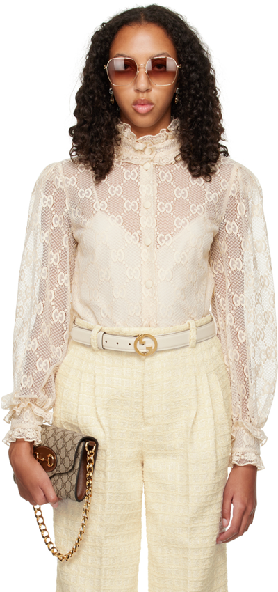 Gucci Gg-embroidered Lace Blouse In Nude & Neutrals