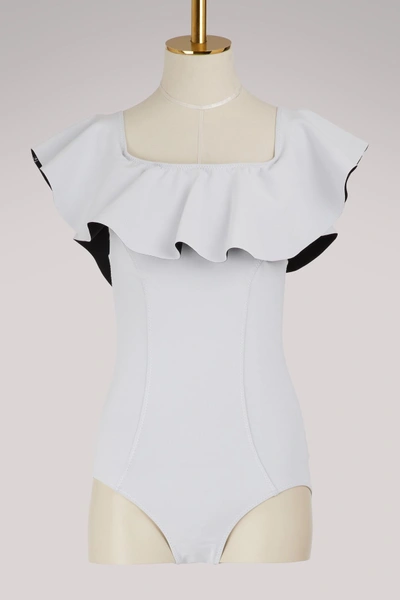 Lisa Marie Fernandez Mira Flounce Swimsuit In White / Black Bondedcore123wbb