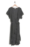 Max Studio Short Sleeve Wrapped Midi Dress In Blck Ivry Lrg Plk Dot