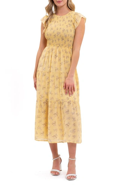 Blu Pepper Floral Smocked Tiered Midi Dress In Light Yellow Multi