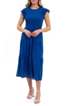 Blu Pepper Flutter Sleeve Smocked Tiered Midi Dress In Royal Blue