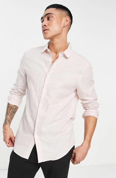 Asos Design Wedding Smart Linen Regular Fit Shirt With Penny Collar In Pink
