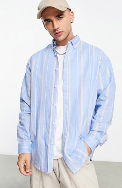 Asos Design 90s Oversized Linen Mix Stripe Shirt In Blue