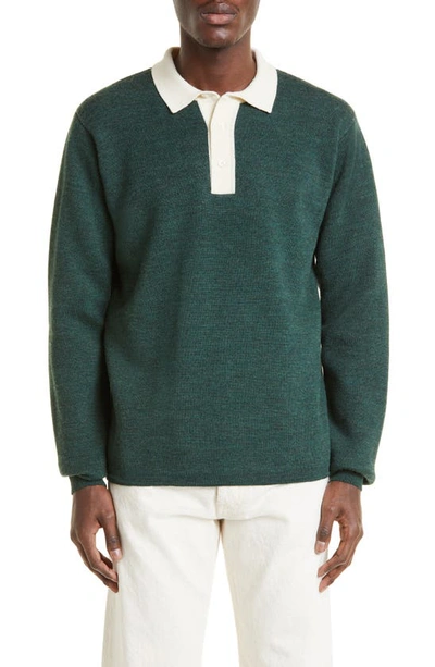 Drake's Merino Wool Rugby Polo Sweater In Dark Green Ecru