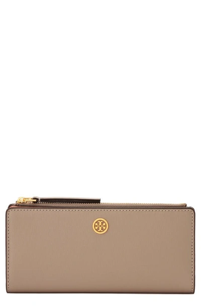 Tory Burch Robinson Leather Slim Zip Wallet In Gray Heron