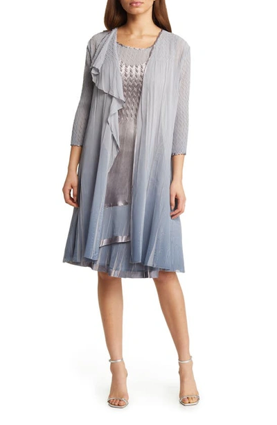 Komarov Charmeuse & Chiffon Cocktail Dress With Duster Jacket In Silver Night Ombre