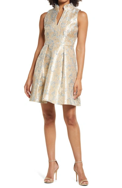 Vince Camuto Metallic Floral Jacquard Fit Flare Dress In Blue